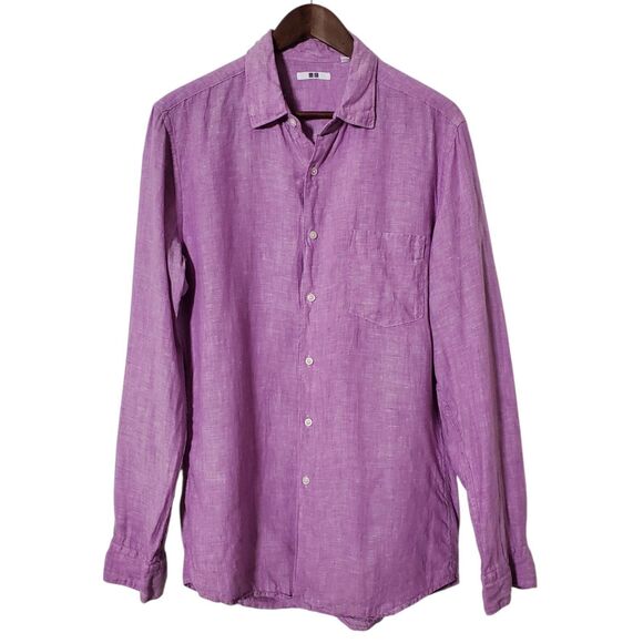 Uniqlo Button Up Shirt M Purple 100% Linen Preppy Casual Resort Beach Mens - Picture 1 of 10